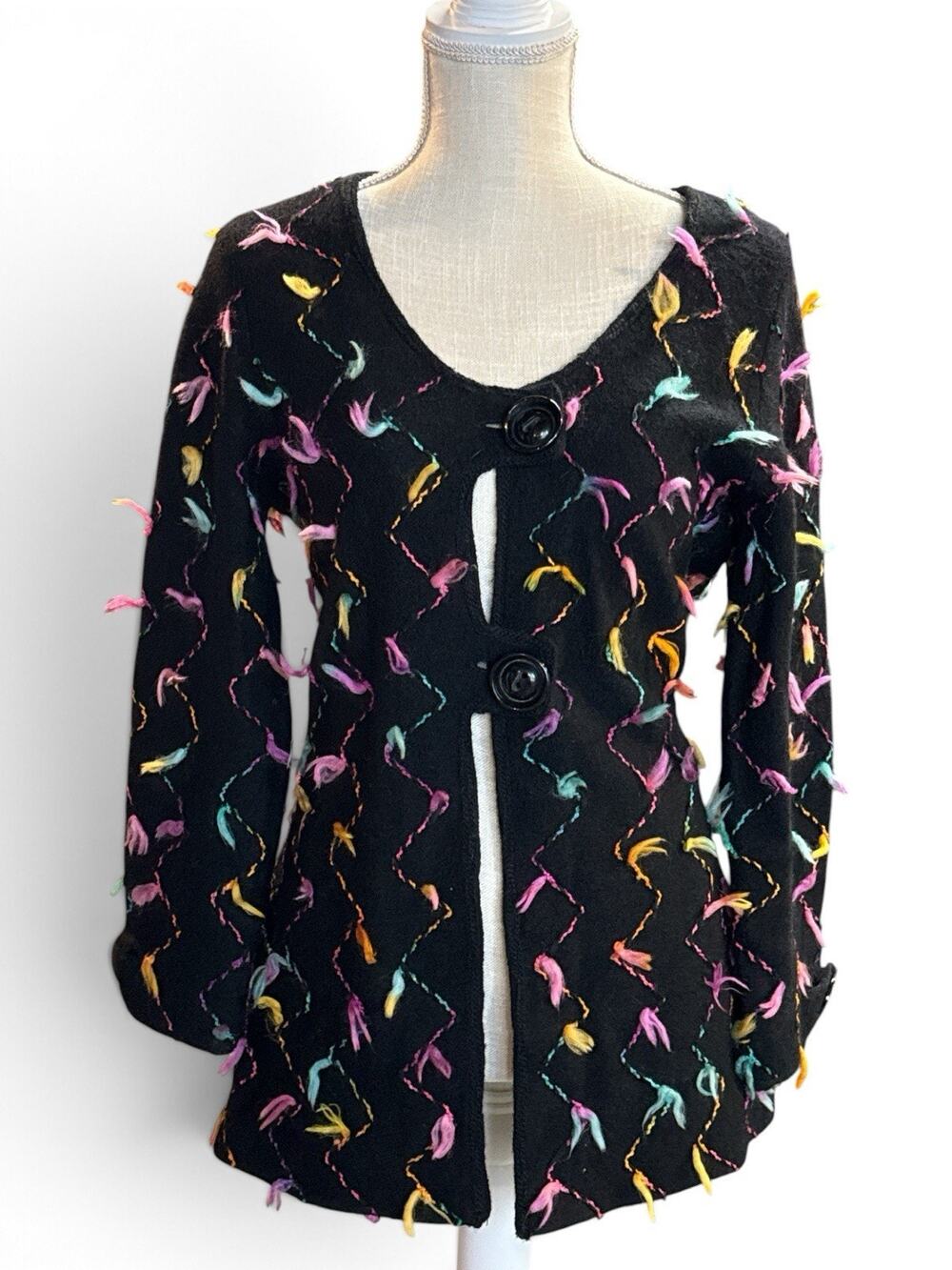 ADIEU Sweater by Phillip Jane Gordon Black Cardigan Colorful Confetti Threads M